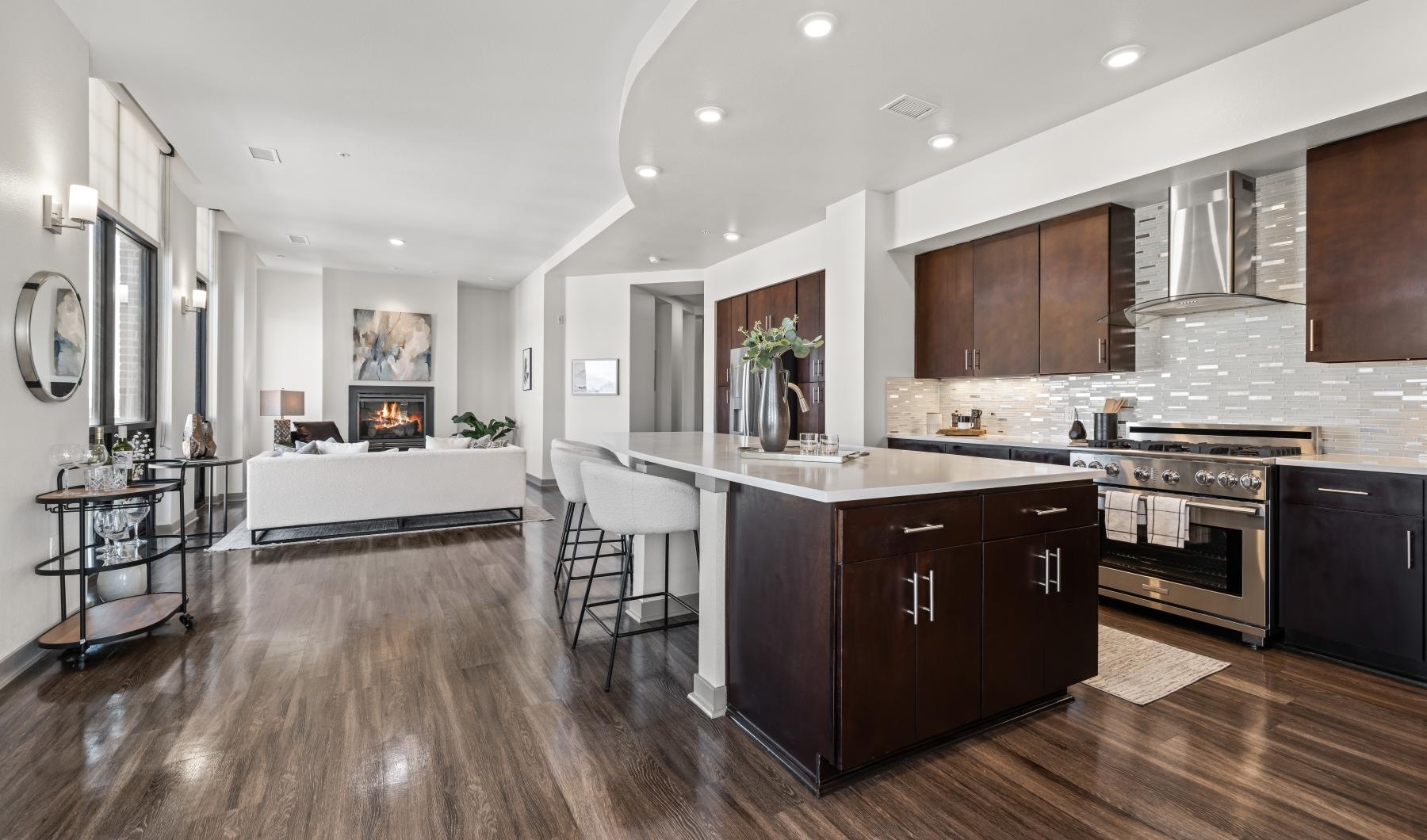 a kitchen with a wood floor