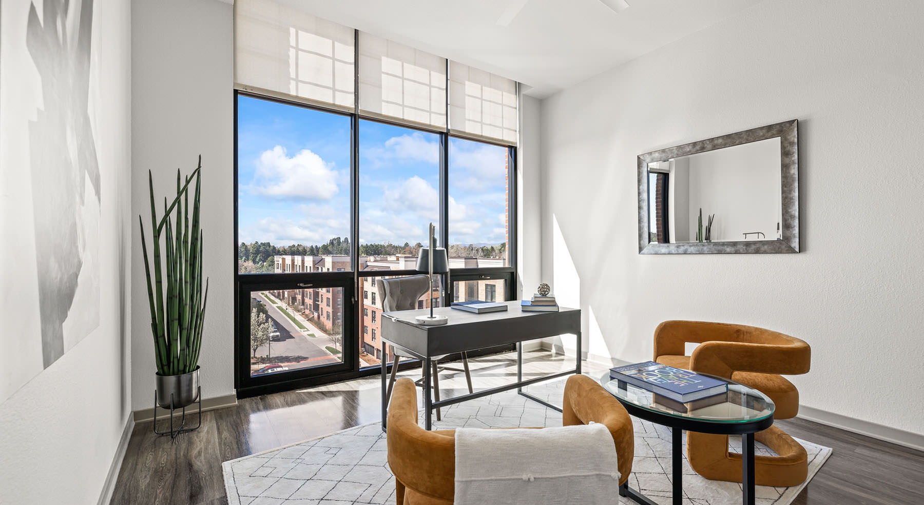 spacious home office with neighborhood views