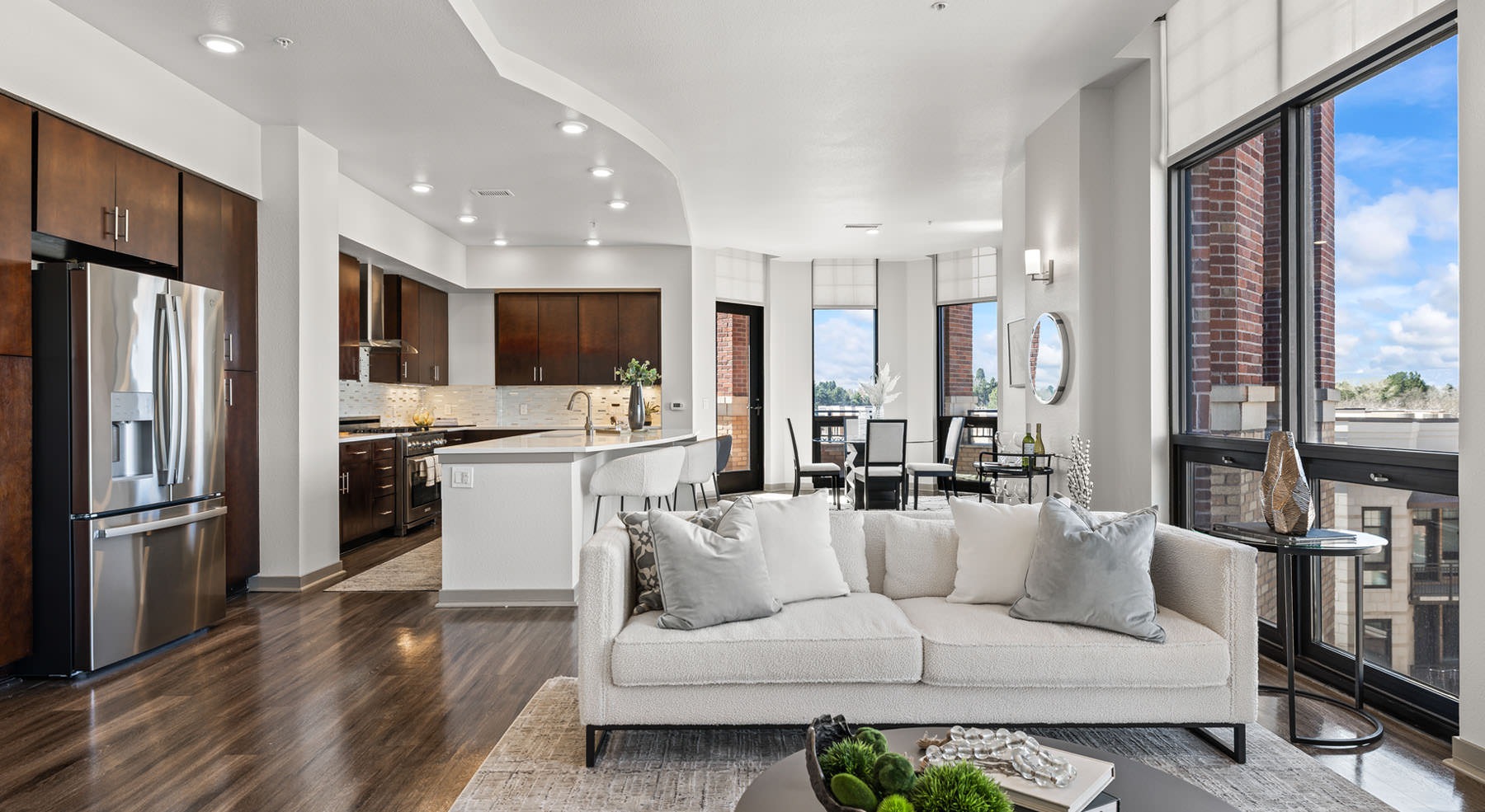 open concept living areas with large windows